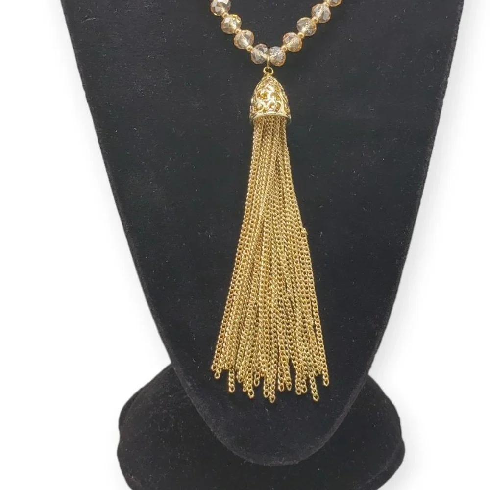 DSW Ivory & topaz beaded necklace with gold tassel - Picture 10 of 11